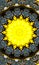 Sulphur yellow kaleidoscope. Seamless background from natural sulphur mineral. Hell pentagram. Vertical image