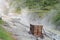 Sulphurous mountain valley with hot spring stream and steam at Tamagawa Onsen Hot spring in Senboku city, Akita prefecture, Japan