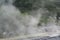 Sulphurous mountain valley with hot spring stream and steam at Tamagawa Onsen Hot spring in Senboku city, Akita prefecture, Tohoku