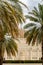 Sultan Qaboos Grand Mosque facade in Muscat, Oman, seen through palm trees. On the walls Quran scriptures are written.