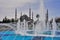 Sultanahmet Mosque behind the pool fountains