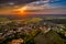 Sumeg, Hungary - Aerial panoramic view of the famous High Castle of Sumeg in Veszprem county at sunset with colorful clouds
