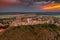 Sumeg, Hungary - Aerial panoramic view of the famous High Castle of Sumeg in Veszprem county at sunset with storm clouds