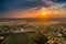 Sumeg, Hungary - Aerial view of the famous High Castle of Sumeg in Veszprem county at sunset with colorful clouds