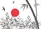 Sumi-e, u-sin or go-hua oriental art stylization of ink painting. Vector background with red moon, ink bamboo stems and leaves,