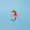 Summer 2021 , seahorse with pink beach rubber with yellow ducks. Blue background. Creative minimal concept