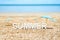 Summer (3D Rendering text) white word with beach umbrella on san