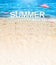 Summer 3D Rendering text white word with beach umbrella on sand beach and blue sea blur background,Summer Vacation banner