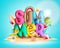 Summer 3d text vector design. Summer font letters in sand island element with beach elements.