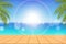 Summer Abstract Background, Panorama blurred tropical beach bokeh background with leaf and wooden floor