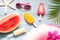 Summer abstract banner travel vacation background with ice cream and watermelon