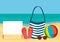 Summer accessories for the beach. Bag, sunglasses, flip flops, ball. Blank form or card for text or advertising. Against the back