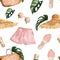 Summer accessories shorts, sunglasses, bag, flip flops in pink colors watercolor seamless pattern