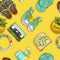 SUMMER ACCESSORIES, SUCCULENT, SHOES, AVOCADO TAST, BRACELETS, ON YELLOW BACKGROUND SEAMLESS PATTERN