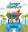 Summer adventure vector concept design. Summer adventure text with travel characters in car driving and beach element.