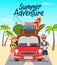 Summer adventure vector concept design. Summer adventure text with travel characters standing in car with beach element.