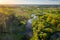 Summer aerial background. Amazing summer nature landscape at sunset from above. Summer river