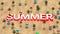 Summer. Aerial view of umbrellas, palms on the sandy beach and SUMMER word. Travel. 3d rendering