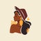Summer African fashion black woman portrait in hat golden jewelry earrings beauty logo vector flat illustration