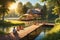 Summer Afternoon at a Lush Riverside, the Sun Casting a Warm Glow on a Wooden Dock, Children Playing