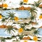 Summer Aloha seamless island pattern vector. Landscape with palm