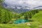 Summer alpine landscape on the Blue Lake Lago Blu near Breuil-Cervinia, Aosta Valley, Italy
