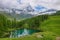 Summer alpine landscape on the Blue Lake Lago Blu near Breuil-Cervinia, Aosta Valley, Italy