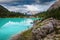 Summer alpine landscape with turquoise glacier lake, Sorapis, Dolomites, Italy