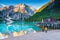 Summer alpine landscape with turquoise mountain lake, Dolomites, Italy, Europe