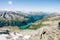 Summer alpine scenery with turquoise blue water reservoir