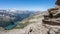 Summer alpine scenery with turquoise blue water reservoir