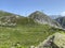 Summer atmosphere on the high alpine Swiss pastures in the mountain area of the St. Gotthard Pass Gotthardpass, Airolo