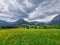 Summer austrian landscape with green meadows and impressive mountains, view from small alpine village Tauplitz, Styria region,