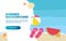 Summer Background banner design concept with beach flat illustration. Starfish, watermelon, ball, flip lops on the seashore