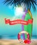 Summer background with beach, surfboards, silhouettes of palm tree and flowers