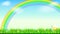 Summer background. Big bright rainbow above green field. Juicy grass, daisy flowers, ladybugs in grass on backdrop from