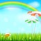 Summer background. Big bright rainbow above green field. Juicy grass, daisy flowers, ladybugs in grass on backdrop from