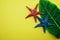 Summer Background concept with green leave and starfish decoration on yellow background