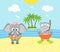 Summer background with elephant and hippopotamus