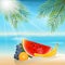 Summer background with fruits. Orange, banana, grapes and watermel