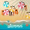 Summer background with girls tanning in the sun and umbrellas on the beach, vector illustration.