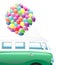 Summer background - Green camper car with bunch of colorful balloons