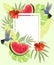 Summer background with hummingbirds, watermelon and red hibiscus. Floral frame with little hummingbirds flying near flowers.