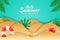 Summer background in paper cut style with pool floats, starfish and tropical plants. Beach background suitable for Summer