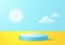 Summer background with podium with clouds and bright sun. Vector illustration.