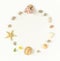 Summer background. Seashells, starfish, sea pebbles circle on white background.