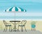Summer background of Striped Teal Parasol and Bistro Table on Boardwalk