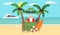 Summer background - sunny beach. Merry Christmas and New Year. Sea, yacht,palm tree and cute bartender santa. Modern