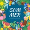 Summer background with various travel pictures and tropical flowers