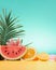 Summer background with watermelon, oranges and palm leaf, copy space